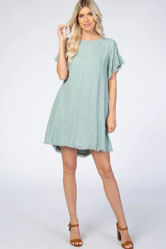 The Best Time To Shop Is Now Mint Green Frayed Trim Back Keyhole Linen Dress