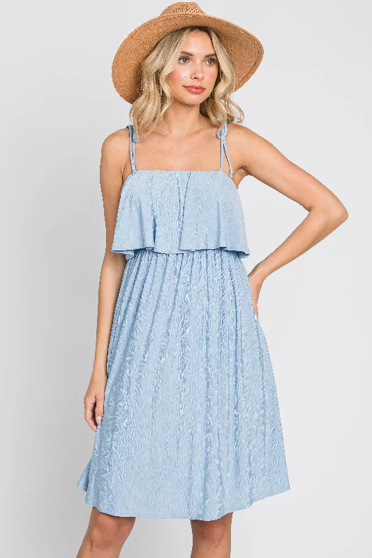 Stylish Fashion At Unbeatable Prices – Shop Light Blue Ruffle Overlay Shoulder Tie Dress