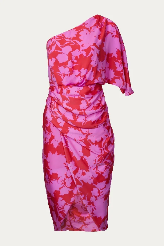 Romantic Chic Deals One-Shoulder Draped Asymmetric Dress In Berry Multi