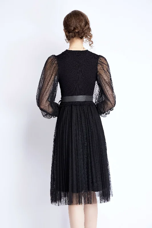 Women's Fashion Clothing Black Evening A-line Crewneck Long Sleeve Knee Lace Dress