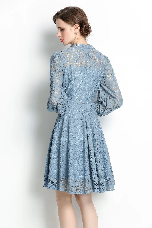 Vibrant Styles Blue Evening A-line Crewneck Long Sleeve Above Knee Lace Dress
