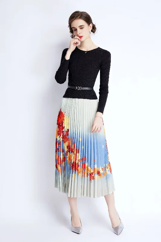 City Fashion Multicolor Cocktail A-line Crewneck Long Sleeve Maxi Pleated Dress