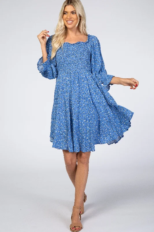 Get Ready To Save Like Never Before Blue Floral Smocked Dress