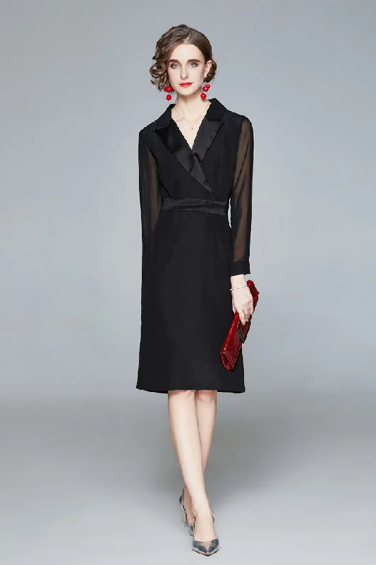 Additional Time-Limited Offers Black ?ocktail A-line Notch Lapel Long Sleeve Knee Dress