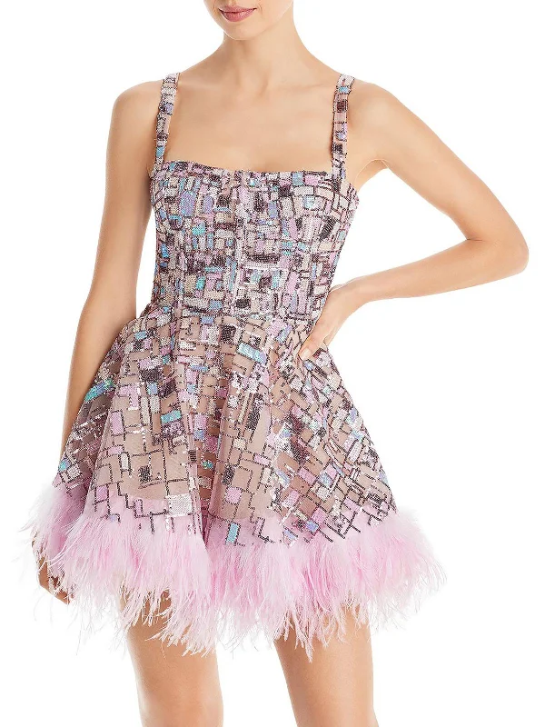 Outfits For Women Mademoiselle Womens Ostrich Feather Sequined Fit & Flare Dress