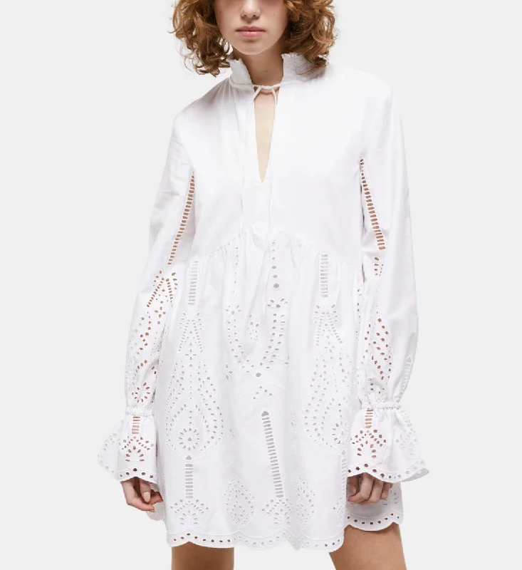 Women's Clothing Online Short White Dress With Broderie Anglaise