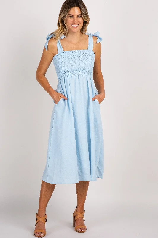 Special Holiday Sale – Limited Stock Light Blue Strap Tie Smocked Dress
