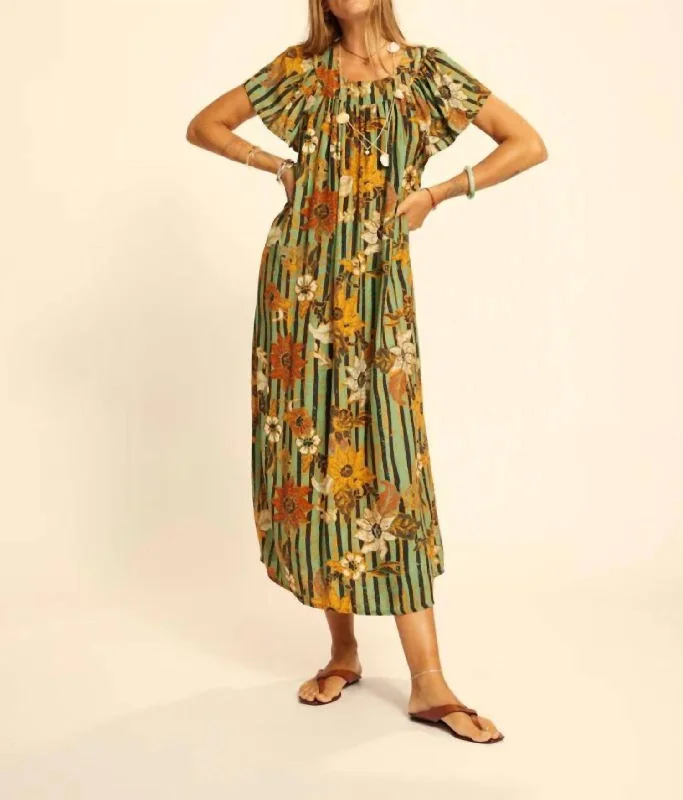 Trendy Women's Outfits for Casual Wear Silk Print Sienna Dress In Sunflower Stripe Moss Green