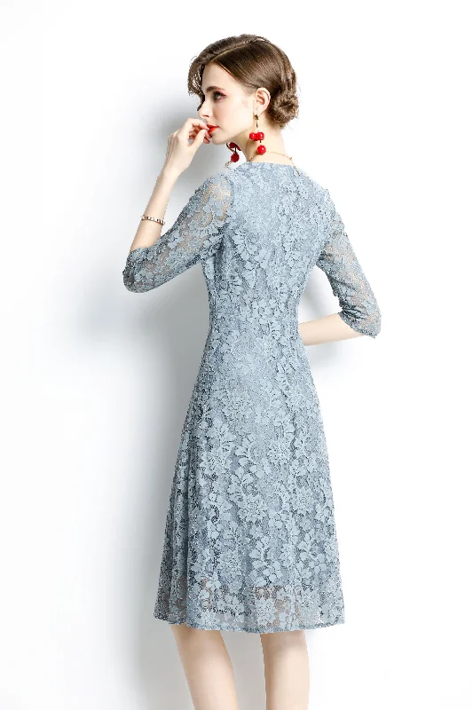 Women Online Clothing Boutiques Light blue Evening A-line V-neck Elbow Sleeve Knee Lace Dress