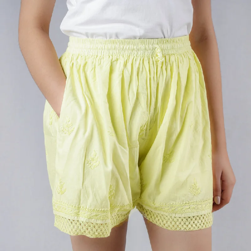 Women's Everyday Attire Yellow - Chikankari Embroidery Cotton Short