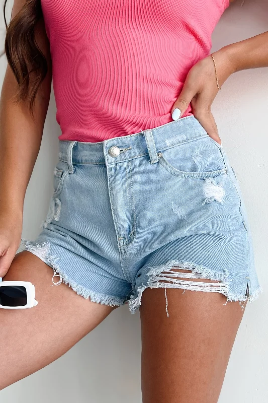 Women's Comfortable Lounge Garments Sorka High Rise Distressed Denim Shorts (Light Denim) Women's Comfortable Lounge Garments Sorka High Rise Distressed Denim Shorts (Light Denim)