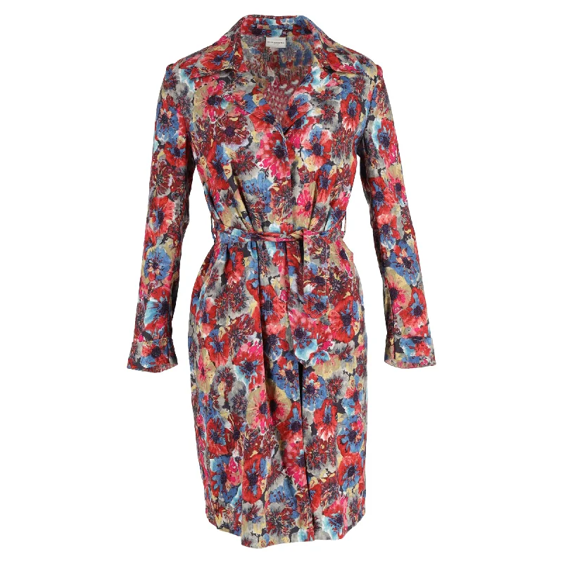Women Wear Boutique Dries Van Noten Floral Belted Coat in Multicolor Cotton